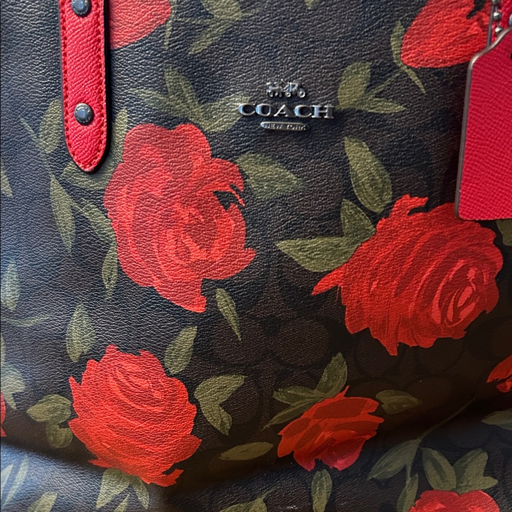 Coach Black and Red Floral Tote